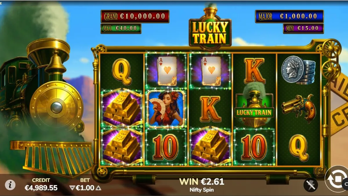 Lucky Train slot machine interface with steampunk locomotive theme