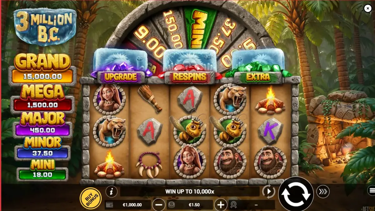 Tampilan visual slot 3 Million B.C. dengan elemen prasejarah dan roda jackpot.