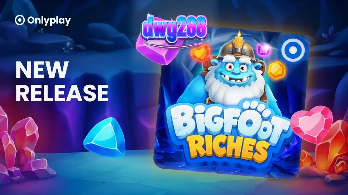 Pemandangan hutan bersalju dalam game slot Bigfoot Riches dengan elemen kristal dan jejak kaki